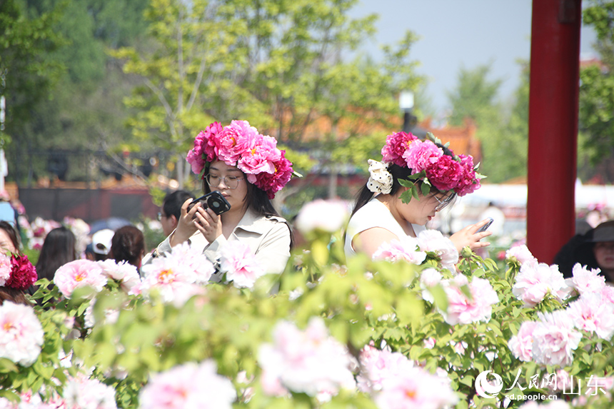 游客头戴牡丹花冠,纷纷拍照打卡。人民网记者 宋翠摄